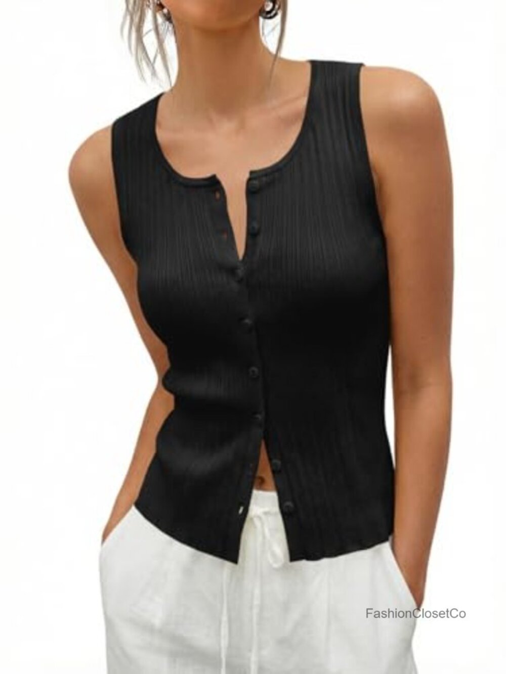 Women's Sleeveless Ribbed Knit Sweater Vest Scoop Neck Button Front Tank Top